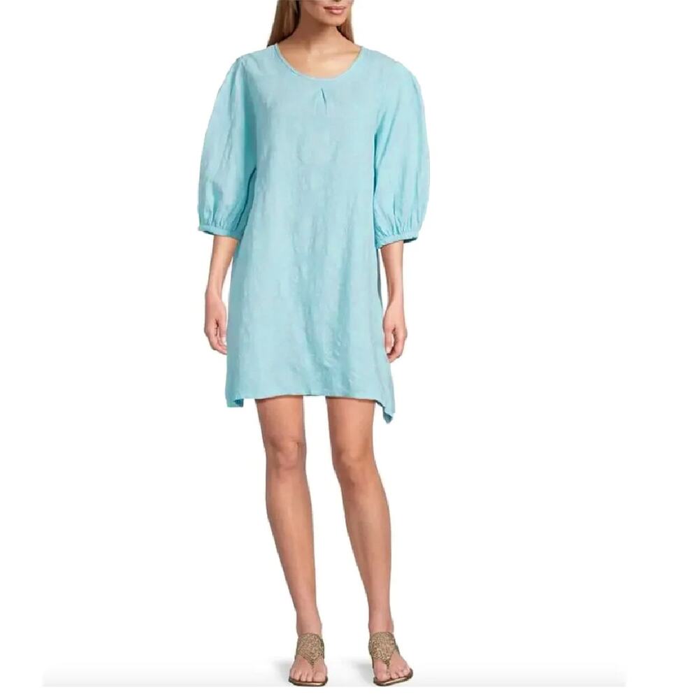 Bryn Walker Lucien Mini Tunic Dress XS Blue Cotton Floral Jacquard Puff Sleeve